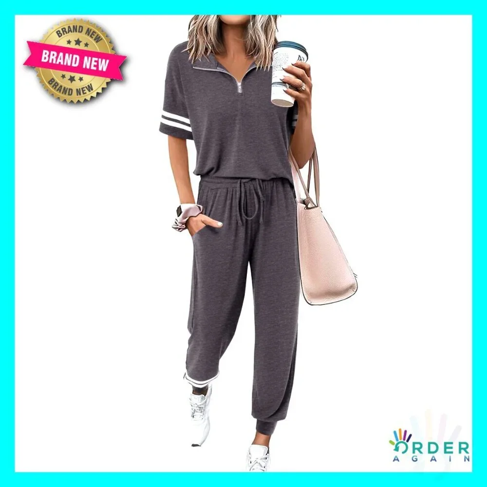 Quarter Zip Short Sleeve Tops Long Pants Tracksuit Jogger Lounge Set Casual